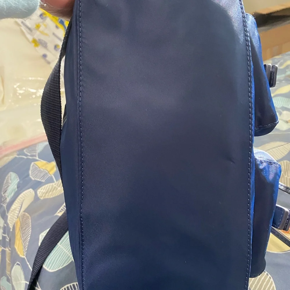 Tory Burch Navy Backpack with Tan Top Handle and Blue Trim